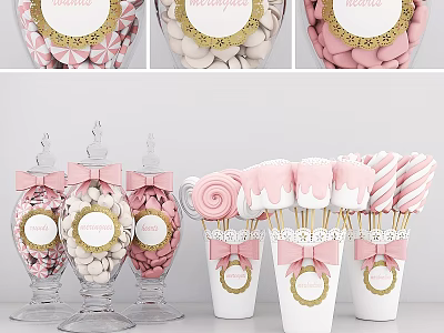 Pink And White Marshmallow Candy In Glass Jars With Gold Accents And Lollipops 3d model