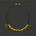 Golden Scallop Shaped Necklace With Small Beads And Brown Leather Cord