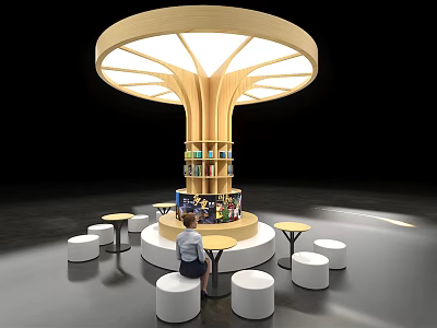 Public Chair Space With Tree Shaped Structure Round Seats Small Tables And Bookshelf 3d model