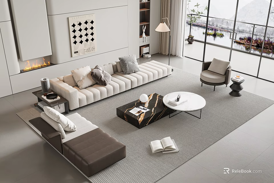 Modern Sofa And Coffee Table Set With Gray Cushions Marble Top Accent Chair Area Rug 3d model 