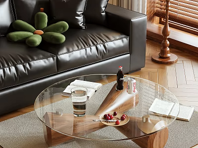 Round Glass Top Coffee Table with Wooden Base on Living Room Rug and Sofa 3d model