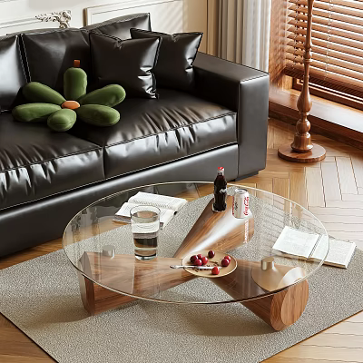 Round Glass Top Coffee Table with Wooden Base on Living Room Rug and Sofa 3d model