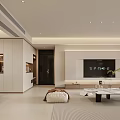 Modern Living and Dining Room Open Concept Minimalist Design White Sofa Wooden Tones Decorative Painting
