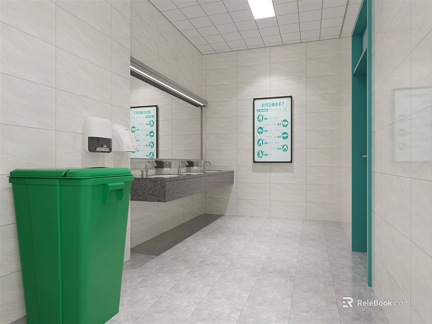 Modern Public Restroom Interior With White Tiled Walls Green Trash Bin Sink Mirror And Sign 3d model 