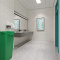 Modern Public Restroom Interior With White Tiled Walls Green Trash Bin Sink Mirror And Sign