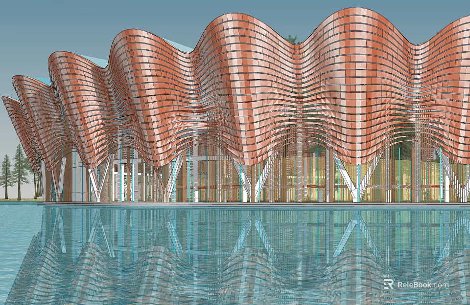Modern Building With Wavy Facade And Water Reflection 3d model