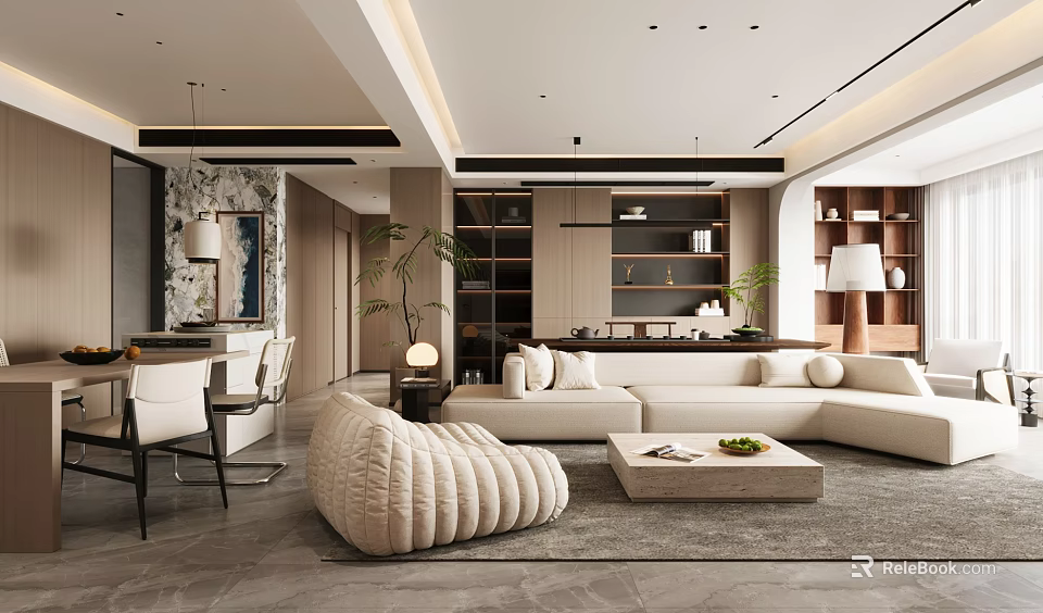 Stylish Modern Open Living And Dining Room Interior With Cream Sofa And Wooden Storage Cabinets 3d model 