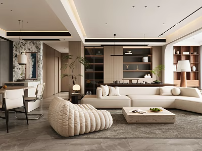Stylish Modern Open Living And Dining Room Interior With Cream Sofa And Wooden Storage Cabinets 3d model