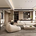 Stylish Modern Open Living And Dining Room Interior With Cream Sofa And Wooden Storage Cabinets