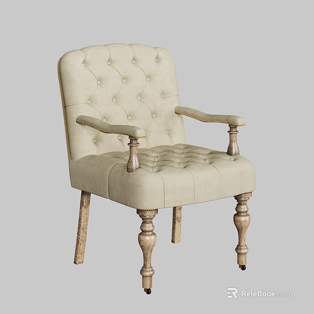 Beige Upholstered Accent Chair With Button Tufted Back And Wooden Legs 3d model 