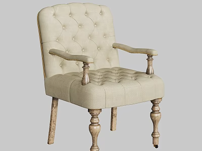 Beige Upholstered Accent Chair With Button Tufted Back And Wooden Legs 3d model
