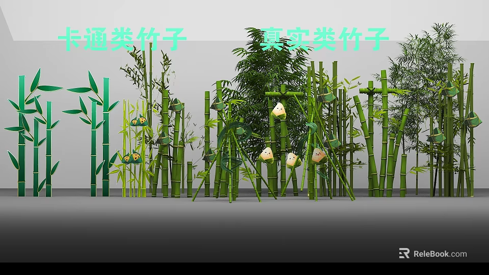 Cartoon and Realistic Bamboo Varieties with Green Stalks Leaves and Details 3d model 