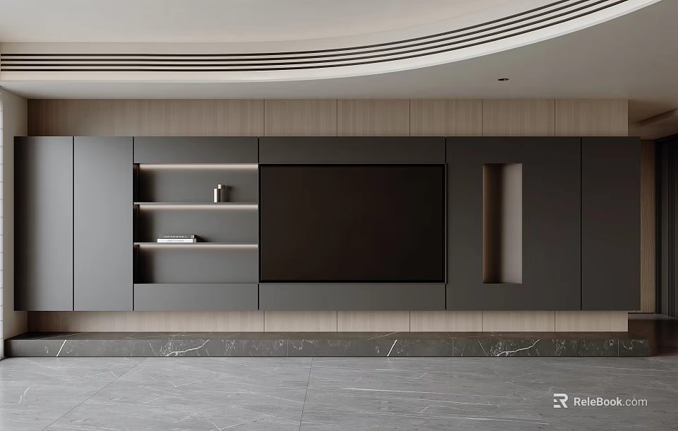 Modern TV Background Wall Design With Wooden Panels Gray Cabinets Open Shelves And Marble Floor 3d model 
