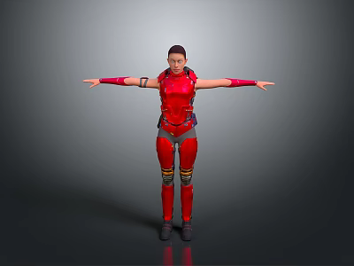 Character In Red Tactical Costume With Arms Outstretched On Gray Background 3d model