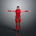 Character In Red Tactical Costume With Arms Outstretched On Gray Background