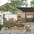 Rural Countryside Scenery with Traditional Cottage Gourd Vines Woodpile Flowers and Person at Entrance