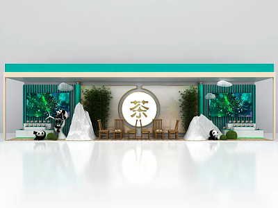 Traditional Tea Themed Photo Spot with Panda Ornaments Mountain Decor and Green Backdrop 3d model