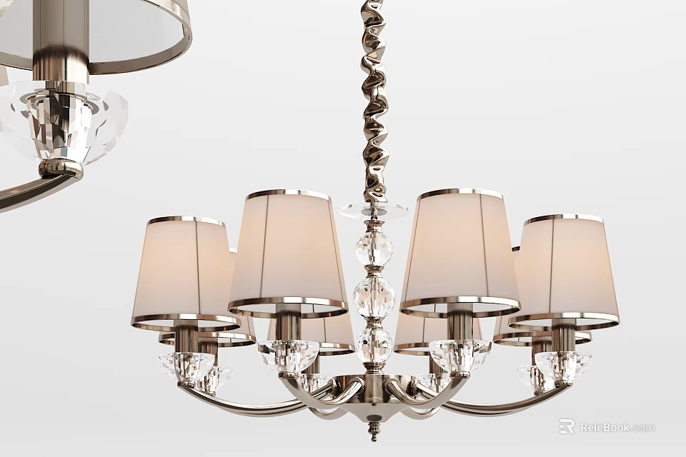 Elegant Chandelier Design With White Fabric Lampshades And Crystal Pendants On Metal Frame 3d model 