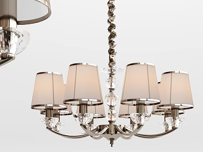 Elegant Chandelier Design With White Fabric Lampshades And Crystal Pendants On Metal Frame 3d model