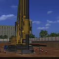 Large Yellow Industrial Drilling Rig on Construction Site With Tall Buildings and Blue Sky