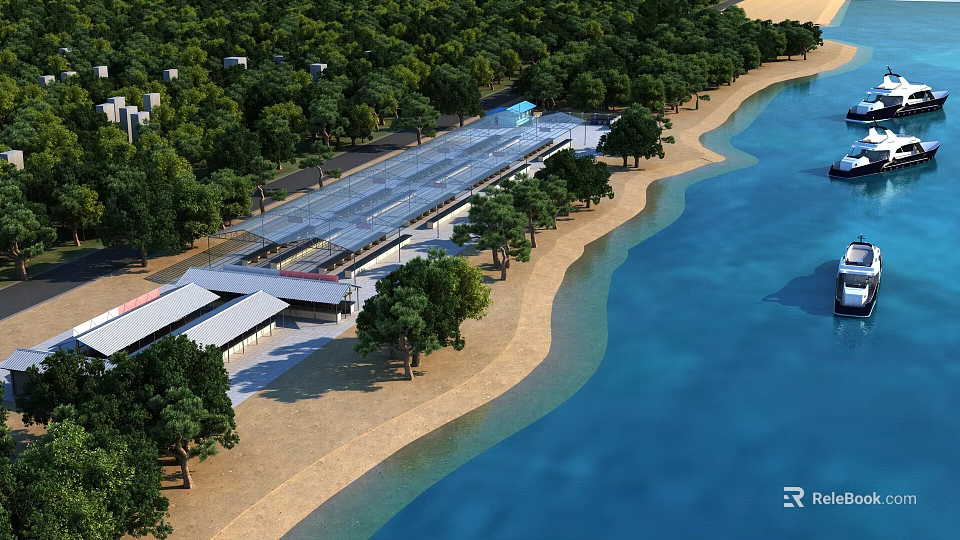 Coastal Aerial Planning Featuring Sandy Beach Waterfront And Lush Trees 3d model 