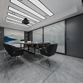 Modern Conference Room Interior With Wooden Table Black Chairs Linear Ceiling Lights And Landscape Painting