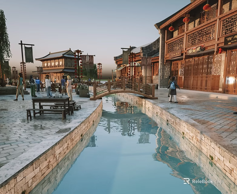 Traditional Chinese Wooden Swing Door In Ancient Street With Stone Path And Canal View 3d model 