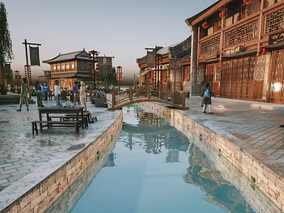 Traditional Chinese Wooden Swing Door In Ancient Street With Stone Path And Canal View 3d model