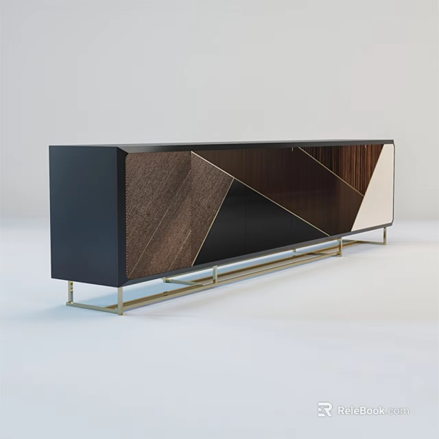 Modern Elegant TV Cabinet With Geometric Wooden Panels And Golden Metal Legs 3d model 
