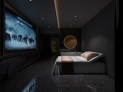 Modern SPA Sauna Interior Featuring Comfortable Lounge Chair Round Mirror And Dark Marble Floor 3d model