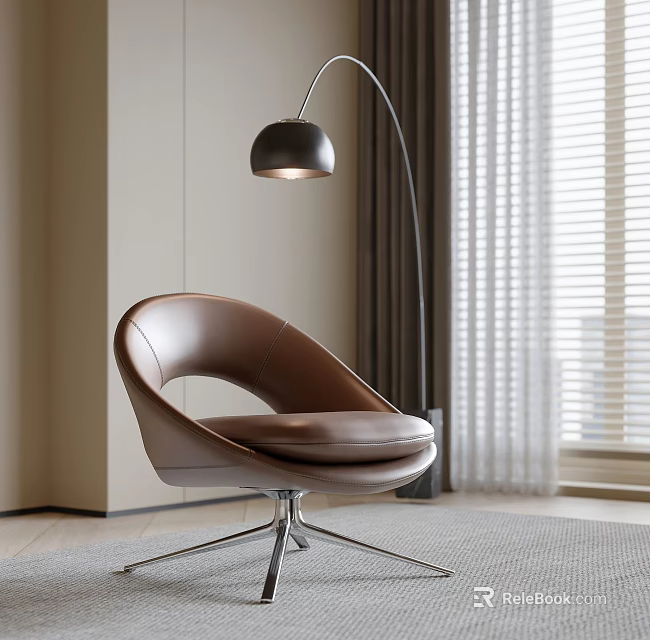 Brown Leather Modern Accent Chair With Metal Legs And Floor Lamp Near Window Blinds 3d model 