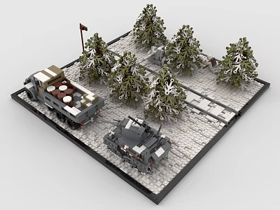 Building Blocks Winter Scene With Truck Tank Trees Flag And Snowy Ground 3d model