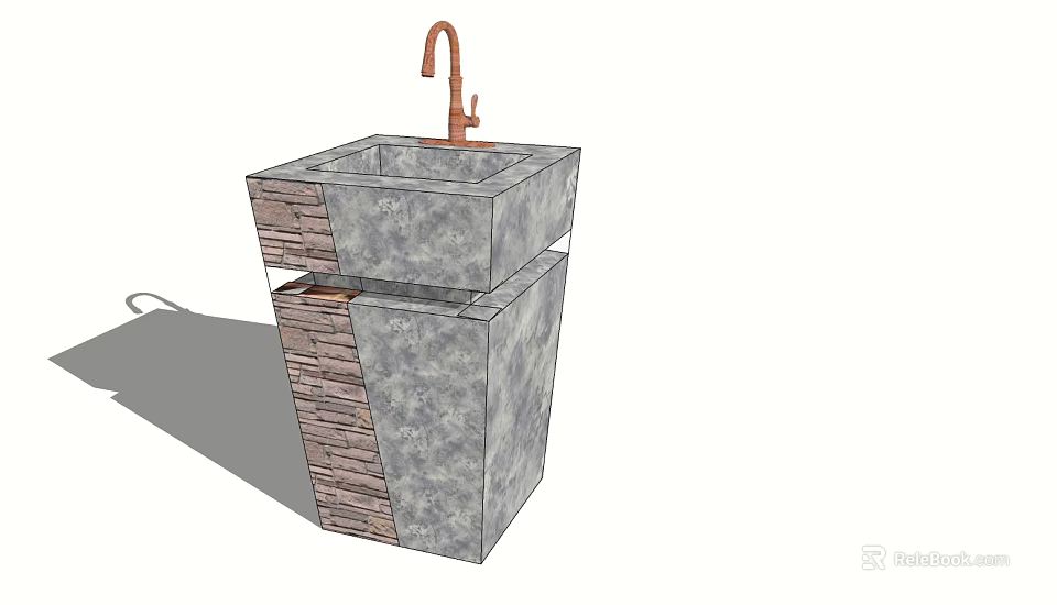Modern Square Washbasin Featuring Brass Faucet And Layered Gray Stone Design 3d model 