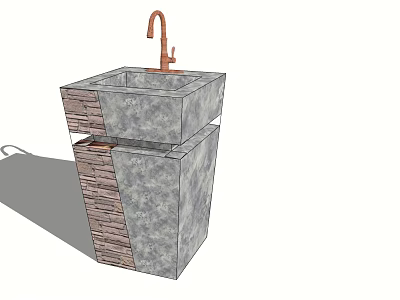 Modern Square Washbasin Featuring Brass Faucet And Layered Gray Stone Design 3d model
