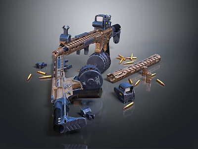 Tactical Firearm Setup With Bullets Magazines And Accessories On Dark Surface 3d model