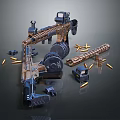 Tactical Firearm Setup With Bullets Magazines And Accessories On Dark Surface