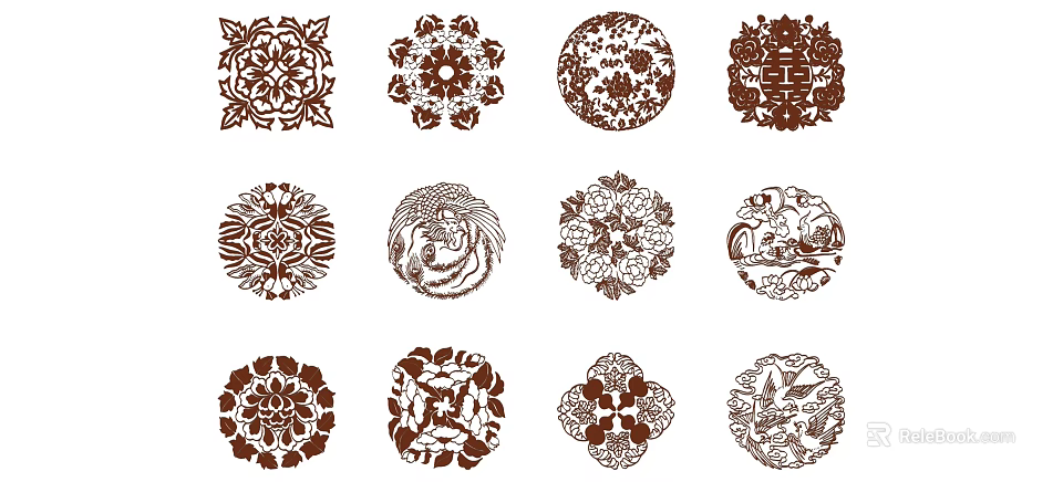 Intricate Carved Patterns with Various Decorative Shapes for Traditional Design Elements 3d model 