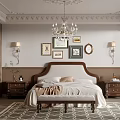 Elegant Bedroom Interior With Ornate Ceiling Chandelier Framed Art Wooden Bed And Bench