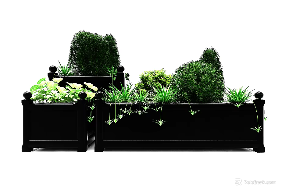Bonsai Potted Plants In Black Planters With Lush Green Foliage And Shaped Shrubs 3d model 
