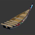 Traditional Style Wooden Boat Model With Decorative Red Black Details And Wooden Seats