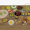 Colorful Variety of Fresh Fruits in Baskets Bowls and Plates on Wooden Floor