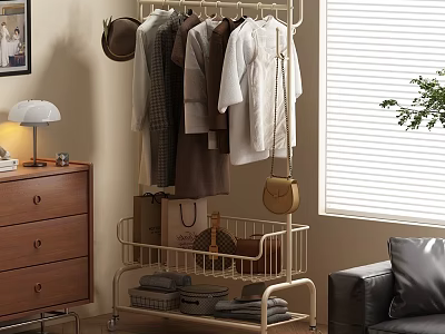 Stylish Functional Clothes Rack with Wheels Storage Shelf Hanging Shirts Coats in Modern Living Room 3d model