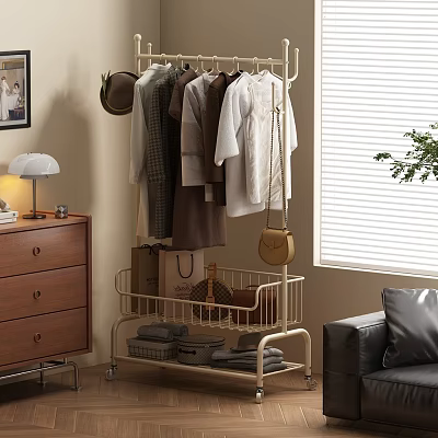 Stylish Functional Clothes Rack with Wheels Storage Shelf Hanging Shirts Coats in Modern Living Room 3d model