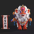 Cartoon Style Chinese Mythical Beast With White Red Mane Decorative Bells And Scroll