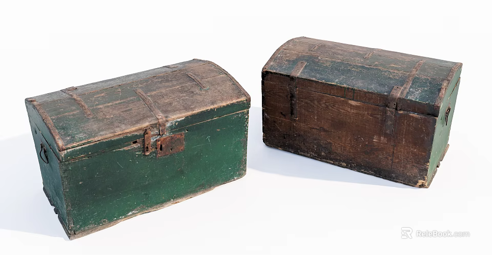Vintage Wooden Trunks Green And Brown With Rustic Texture And Metal Clasps For Decorative Storage 3d model 