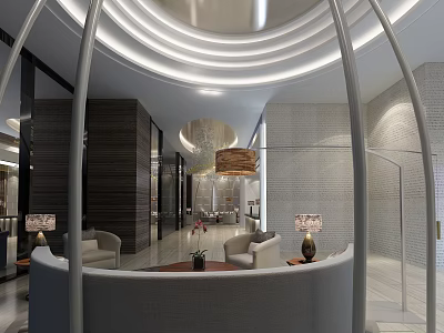 Modern Hotel Lobby Interior Design With Curved Lighting Comfortable Sofas And Wooden Accent Walls 3d model