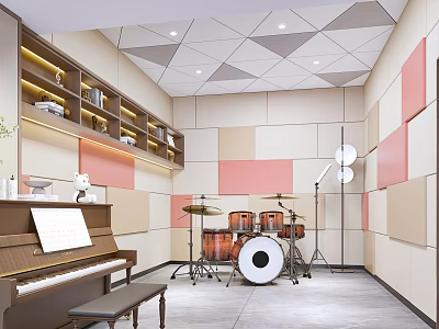 Piano Room Interior With Piano Drum Set And Acoustic Walls 3d model