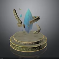 Floating Blue Crystal With Ornate Golden Arched Decorations On Decorative Base