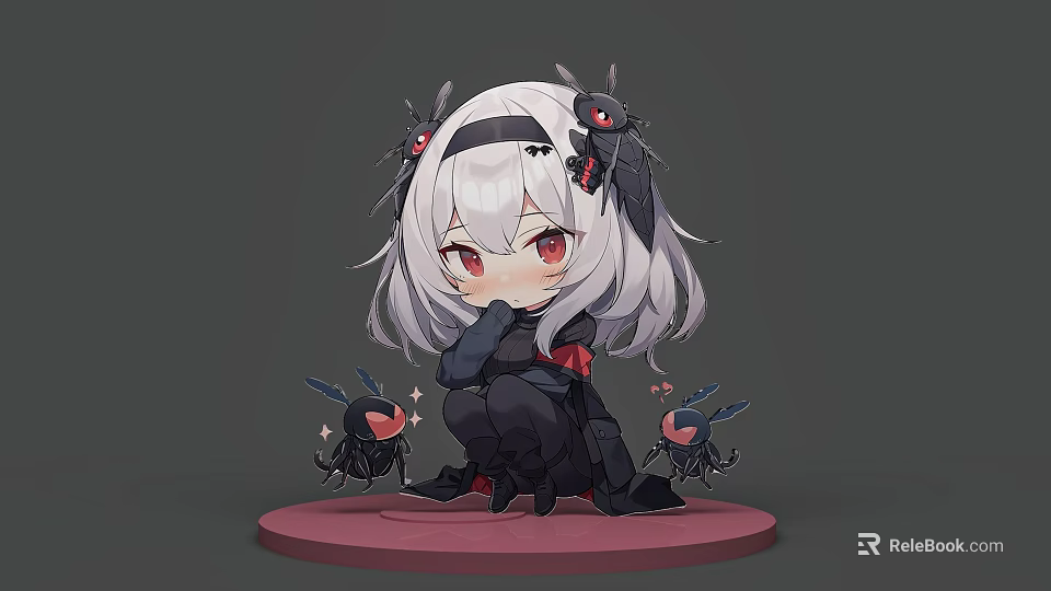 Chibi Woman With Silver White Long Hair Red Eyes Small Black Creatures On Pink Base 3d model 
