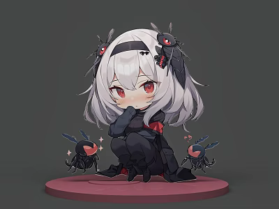 Chibi Woman With Silver White Long Hair Red Eyes Small Black Creatures On Pink Base 3d model